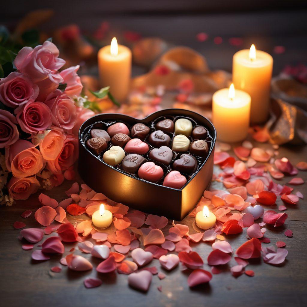 A beautifully arranged scene featuring a romantic gift, such as a heart-shaped box of chocolates, surrounded by delicate flower petals and a soft, glowing candle. In the background, a softly blurred image of a couple holding hands, smiling and creating cherished memories together, with warm, inviting lighting. The overall atmosphere should evoke feelings of love and nostalgia. super-realistic. vibrant colors. soft focus.