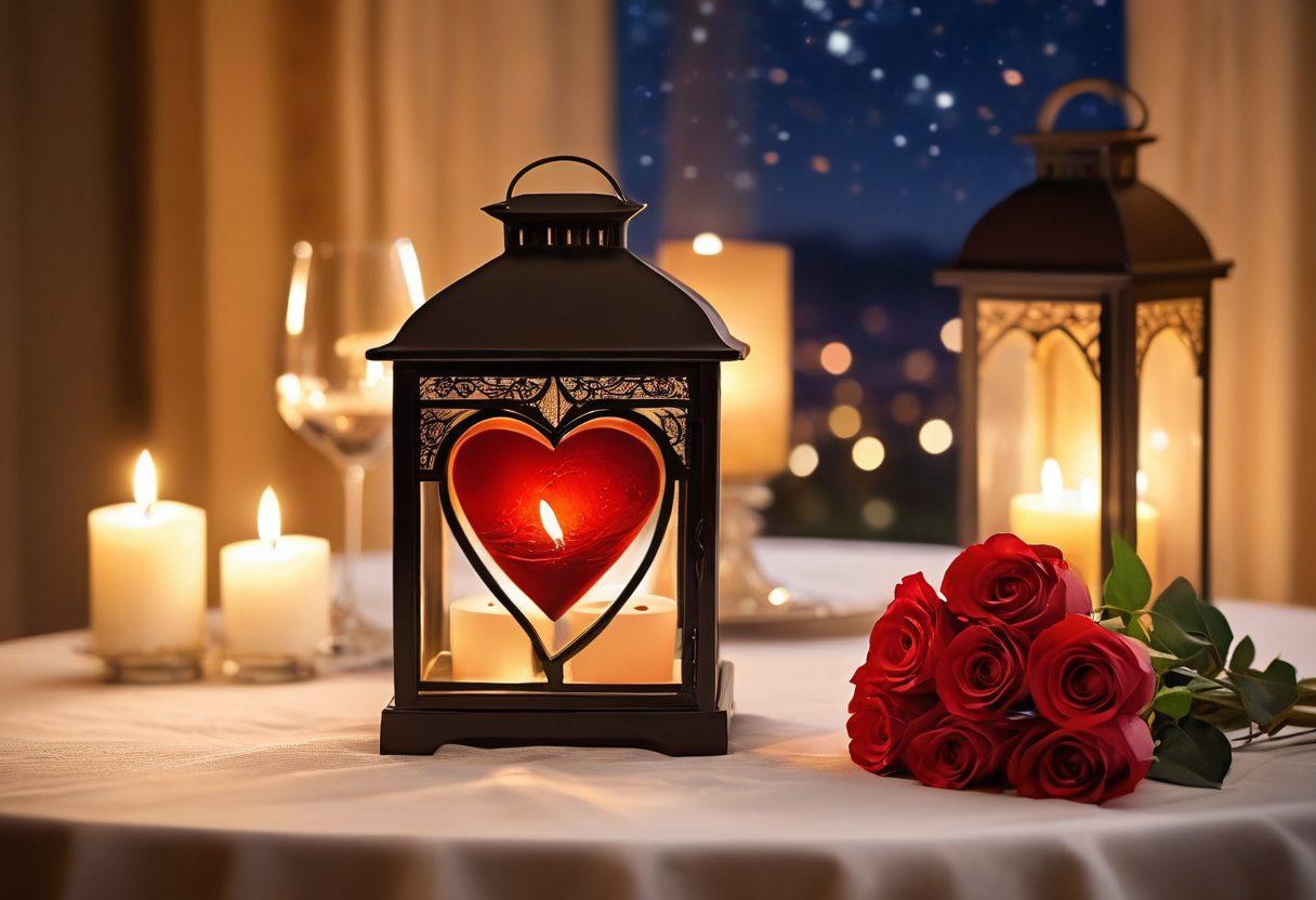 A beautifully wrapped gift box adorned with red roses and a soft, glowing heart-shaped lantern beside it, set against a romantic candle-lit dinner table. In the background, silhouettes of a couple embracing under a starry sky create an enchanting atmosphere. The colors should evoke warmth and affection, with a hint of shimmer to highlight the romance. vibrant colors. soft focus. super-realistic.