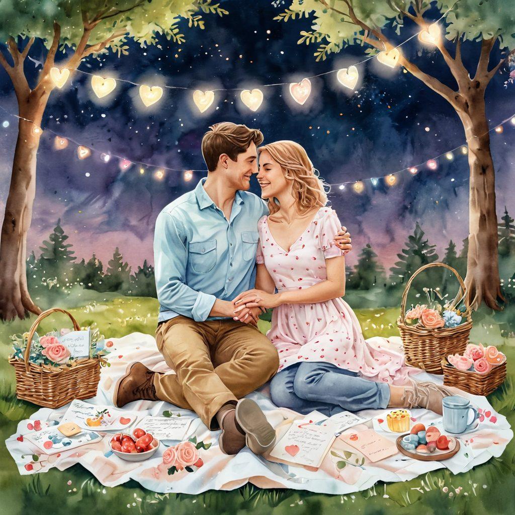 A romantic scene depicting a couple celebrating various milestones, surrounded by heartfelt gestures like handwritten love letters, a picnic under twinkling fairy lights, and a bouquet of flowers. Soft pastel colors fill the background, with milestone symbols like hearts and rings subtly integrated. The couple is smiling, radiating joy and affection. dreamy, watercolor style. vibrant colors.